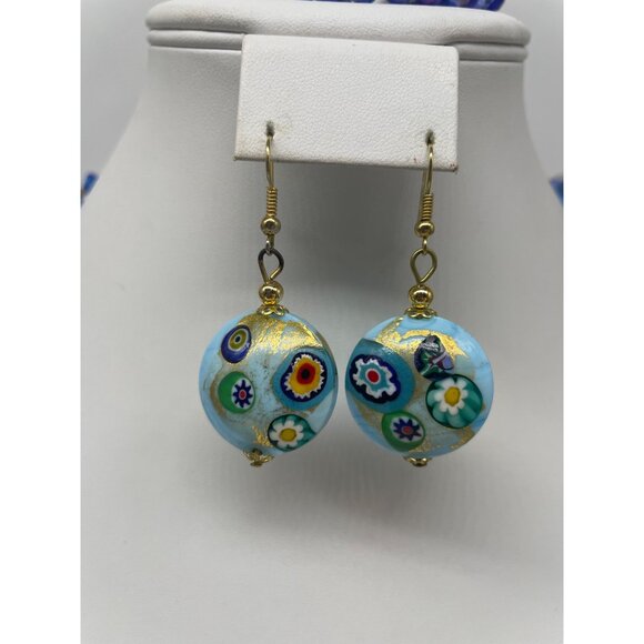 Shades Of Blue Glass Jewelry Bead Necklace Stretch Bracelet & Millefiori Drop Ea - Picture 2 of 12